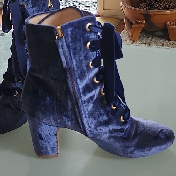 Polly Plume Crushed Blue Velvet and Leather Boots - Picture 4 of 12